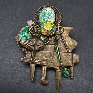 Lisa Carlson Assermble Piano Brooch Whimsical Ballerina Aurora Borealis Green